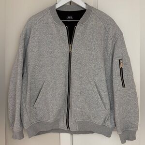ZARA Heather Gray Plush Oversized Bomber Jacket, Silver Hardware Full Zip Jacket
